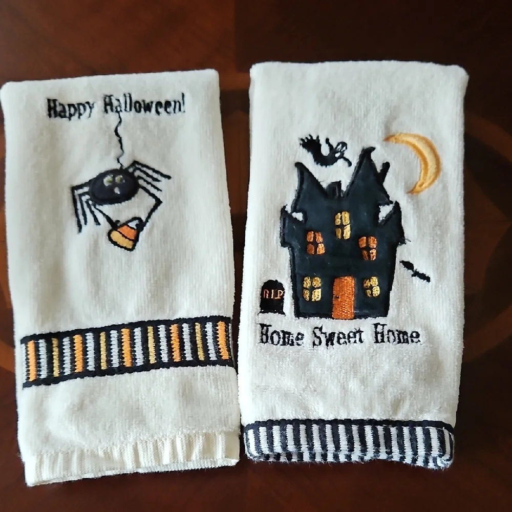 Two Spooky Hand Towels - Black and Orange Spider and Haunted House Motifs